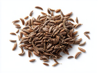 Obraz premium AI-generated image - A close-up, high-detail macro view of a pile of whole dried caraway seeds (Carum carvi) against a clean white background. 