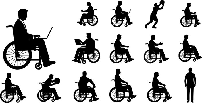 disabled man in wheelchair silhouettes vector. Silhouettes disabled in a wheel chair. Vector drawing rights in a wheelchair. silhouette businessman sitting on wheelchair over white background