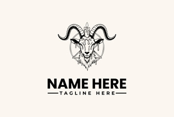 Fototapeta premium A black and white illustration of a goat's head with curved horns, forming a logo design on a clean white background with placeholder text for a name and tagline.