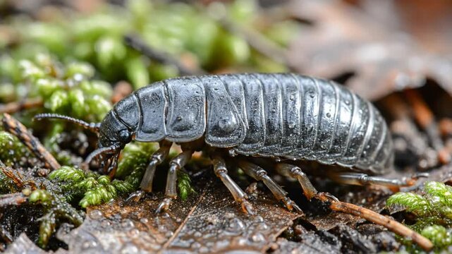 Cautious Pill Bug Explores the Damp Forest Floor After Emerging from Protective Posture in Close Up