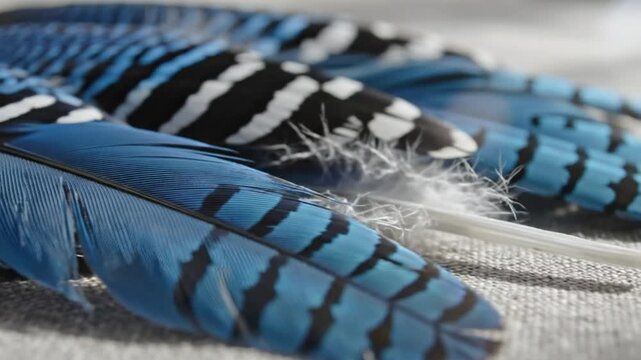 Close up view of the blue and black patterned feathers of a blue jay resting on textured surface