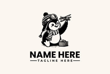 A black and white illustration of a penguin wearing a hat and goggles, holding a toy airplane with a suitcase next to it on a beige background, featuring a logo template with placeholder © vectorvovdesign