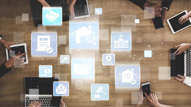 Online property search icons showing real estate rent, sale, housing, location, property management, key, contract, mortgage, home loan, and housing market. Funnel