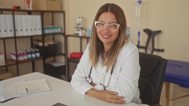 Woman doctor in white coat smiles with stethoscope and folded arms at desk in clinic building; compassion trust.