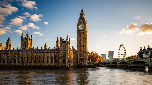 Scenic view of the Houses of Parliament, Big Ben, London Eye, and bridge over the river Thames during golden hour