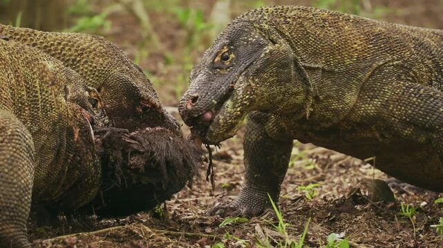 Komodo dragon or monitor Varanus komodoensis, video of monitor lizards hunting and eating a wild boar prey, large reptile of Varanidae endemic to the Indonesian islands of Komodo, Rinca, Flores. 