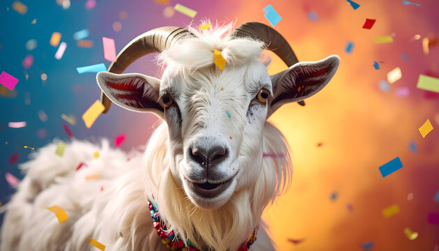 Humorvolles Portr&auml;t einer festlich verkleideten Ziege mit Blumenhut beim K&ouml;lner Stra&szlig;enkarneval. Das Motiv steht f&uuml;r ausgelassene Karnevalsstimmung in K&ouml;ln, rheinische Lebensfreude, traditionell, k&ouml;ln