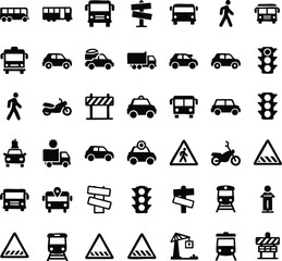 A collection of black and white icons representing various modes of transportation and traffic signals