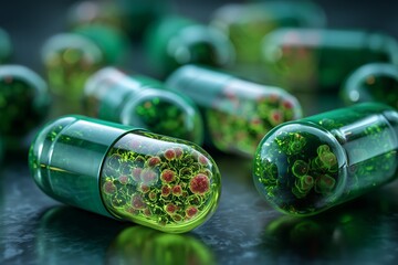 Futuristic antiviral capsules with glowing virus particles, symbolizing modern medicine, infection control, and pharmaceutical research breakthrough