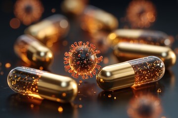 Macro shot of capsules and virus particles, ideal for concepts of medication, prevention, clinical science, and public health