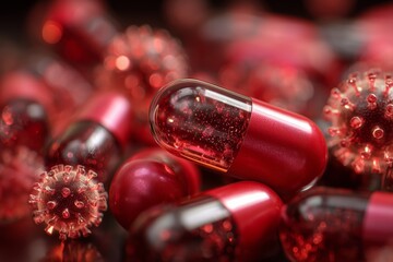 Close-up of red capsules fighting a viral threat, perfect for healthcare, immunity, pandemic awareness, and treatment concept visuals