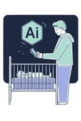 AI Parenting Assistant Flat Vector Illustration, Parent Using Smartphone with Artificial Intelligence for Baby Care and Bedtime Routine, Modern Digital Parenting Technology Concept