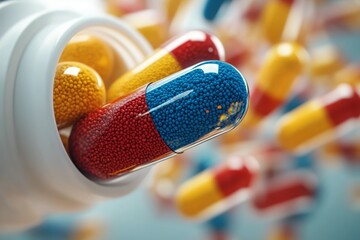 Close-up of glossy capsules pouring from a bottle, premium supplement concept for e-commerce, labels, and advertising.