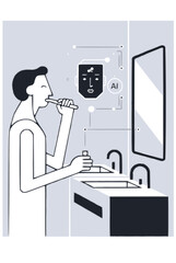 AI Toothbrushing Assistant Flat Vector Illustration, Man Brushing Teeth with Artificial Intelligence Guidance, Smart Bathroom Routine, Digital Health and Personal Care Technology Concept