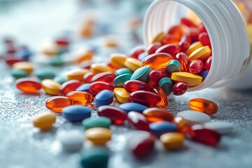 Exploding tablet and capsule mix above a white bottle, clean medical concept for insurance, pharmacy and research content.