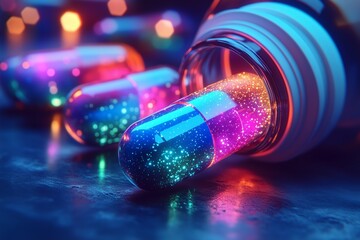 Exploding tablet and capsule mix above a white bottle, clean medical concept for insurance, pharmacy and research content.