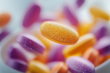 Close-up medicine capsule showcasing bead-like granules, perfect for supplements, vitamins, and product mockups with copy space.