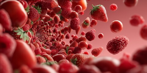 Luscious tunnel of mixed berries in red and pink tones, ultra-detailed macro texture perfect for dessert branding and packaging