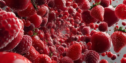 Vibrant strawberry and raspberry fantasy background, rich fruity depth and bokeh ideal for food ads, menus and web headers.