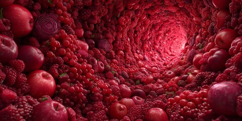 Luscious tunnel of mixed berries in red and pink tones, ultra-detailed macro texture perfect for dessert branding and packaging