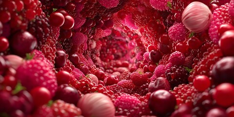 Vibrant strawberry and raspberry fantasy background, rich fruity depth and bokeh ideal for food ads, menus and web headers.
