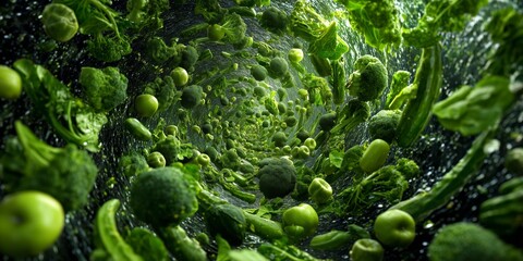Deep green spiral of vegetables and greens, premium backdrop for eco packaging, grocery promotions and clean lifestyle content
