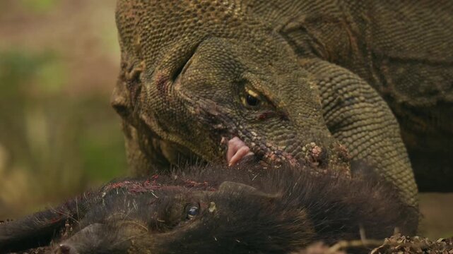 Komodo dragon or monitor Varanus komodoensis, video of monitor lizards hunting and eating a wild boar prey, large reptile of Varanidae endemic to the Indonesian islands of Komodo, Rinca, Flores. 