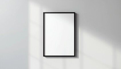 Black frame leaning on white floor in interior mockup. Template of a picture framed on a wall 3D rendering
