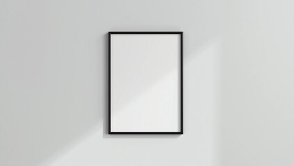 Black frame leaning on white floor in interior mockup. Template of a picture framed on a wall 3D rendering