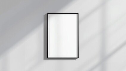 Black frame leaning on white floor in interior mockup. Template of a picture framed on a wall 3D rendering