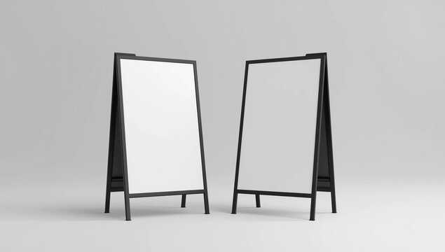 Blank white square A frame metallic outdoor advertising sandwich stand mockup set, isolated, 3d rendering. Clear street signage board mock up. A-board with metal frame template 