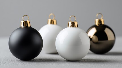 Elegant matte and glossy Christmas ornaments in monochrome style standing in row on neutral studio backdrop.