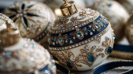 Detailed macro shot of emerald jewel ornament on champagne bauble, shimmering holiday background for fashion, jewelry and gift promotions.