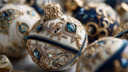 Luxury cream Christmas baubles with emerald blue jewels and sparkling crystals on satin fabric, perfect glamorous background for premium holiday branding