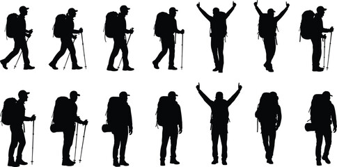 Collection of twelve hiker silhouettes with backpacks and trekking poles in various outdoor poses illustrating adventure, hiking, and nature exploration concepts © Irin Akter