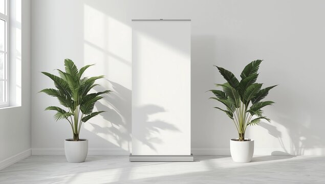 Blank roll up bunner in the interior. 3D rendering