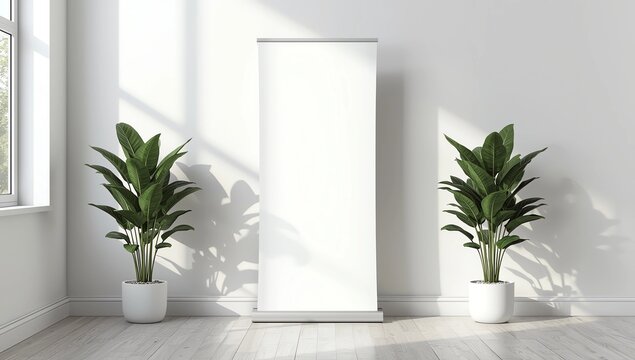 Blank roll up bunner in the interior. 3D rendering