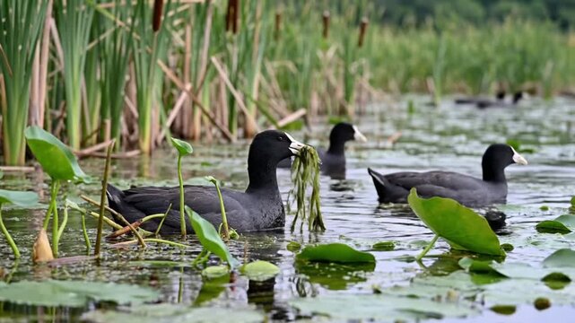 Black Eurasian coots foraging for food in a freshwater pond with reeds, lily pads, and lush green plants
