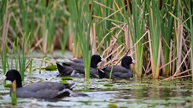 American coots swimming and preening in a wetland among tall reeds and lily pads