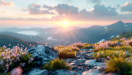 A serene mountain landscape with pink flowers and a vibrant sunset in the background.