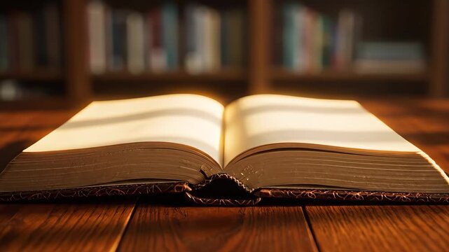 Explore soft warm light illuminating blank pages open book wood table