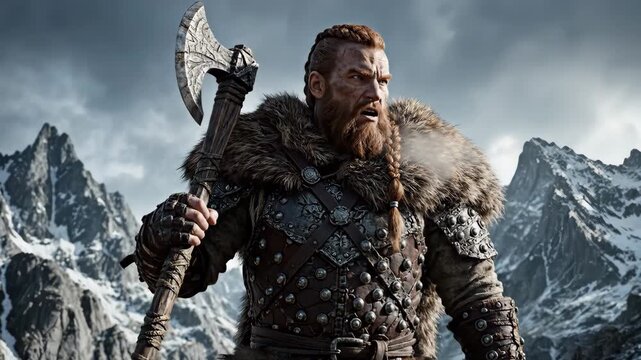 Viking Warrior Wielding Axe Stands Ready Rugged Mountain Landscape
