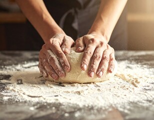 Fototapeta premium Hands kneading dough on a flour-dusted surface