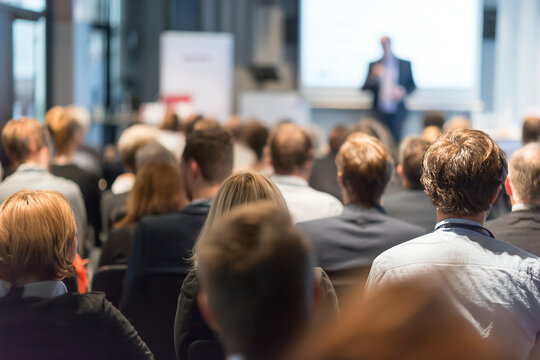 Business and entrepreneurship symposium. Speaker giving a talk at business meeting. Audience in the conference hall