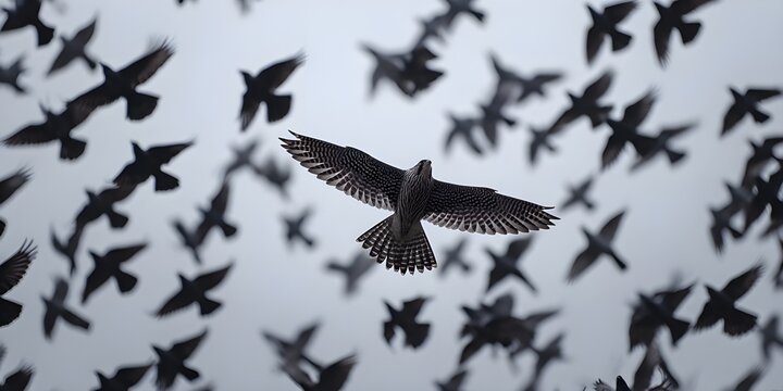 One Single Falcon In Middle Of So Many Circling Crows Dramatic Wildlife Photography Atmospheric Composition Style
