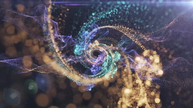 Abstract vortex animation with glowing particles spiraling and flowing in a futuristic design