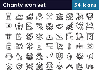 Charity and donation icon set in linear outline style with help, volunteer, and support symbols for nonprofit, including 54 community illustrations for giving and care.