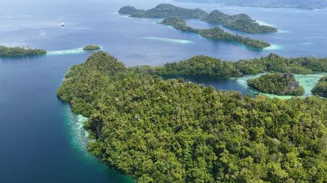 Shallow coral reefs fringe the beautiful islands of Pef, Raja Ampat, Indonesia. This region harbors spectacular marine biological diversity and is a popular destination for divers and snorkelers.