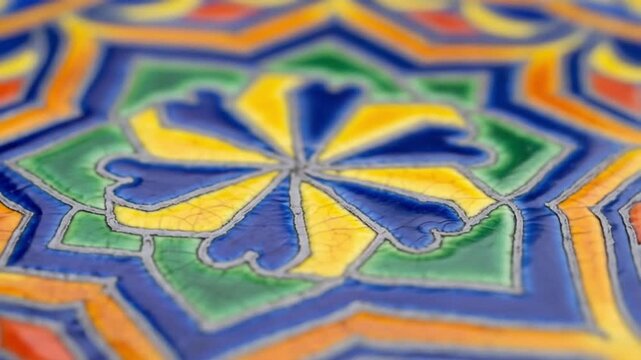 Close-up of a colorful geometric patterned tile with blue, yellow, green, orange, and purple hues. Perfect for designs, backgrounds, and decorative materials.