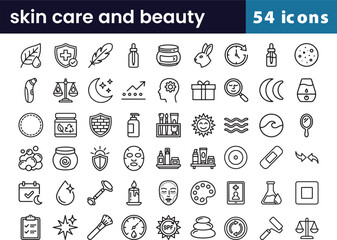 Skin care and beauty icon set in linear style with cosmetic, face, and natural symbols for spa, including 54 makeup illustrations
